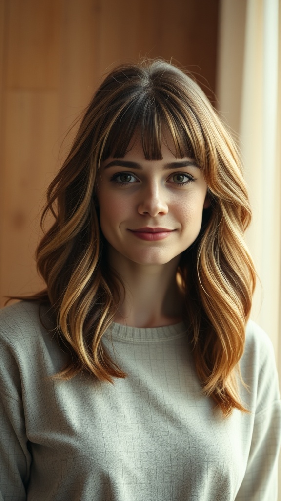 A woman with textured shag haircut and curtain bangs, smiling softly.