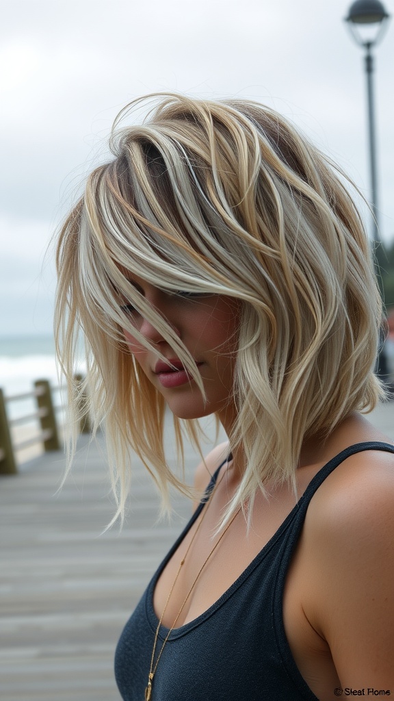 Model with a textured shaggy bob haircut featuring frosty blonde highlights