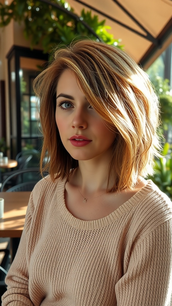 A woman with a textured shaggy bob haircut with soft highlights, wearing a cozy sweater in a cafe setting.