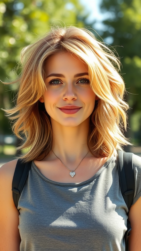 A woman with shoulder-length layered hair, smiling outdoors