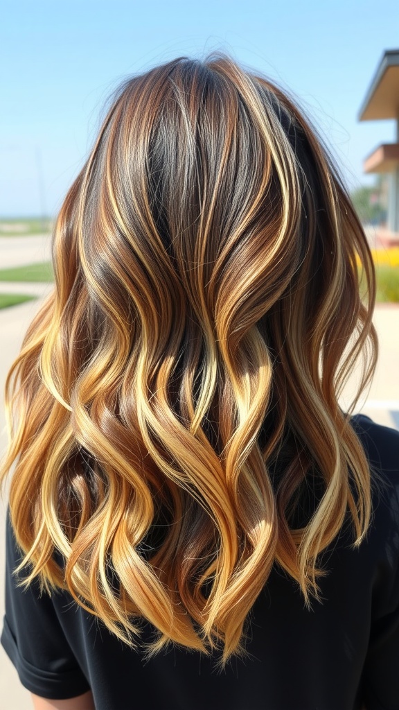 Medium length hair styled in textured waves with highlights.