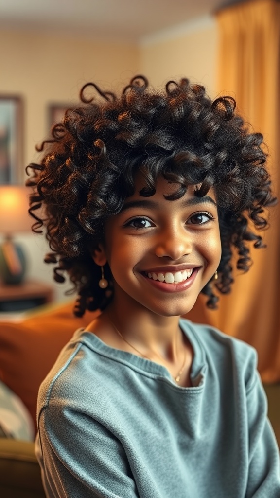 A girl with tight curls and a voluminous fringe, smiling brightly