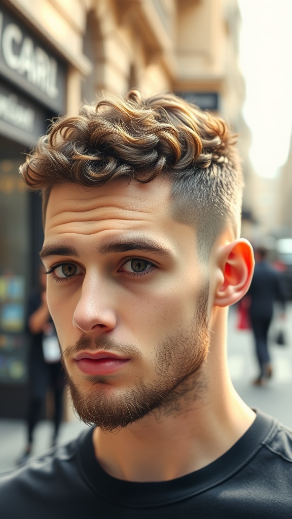A young man with a Tight Curly Caesar Cut, featuring short sides and defined curls on top, looking stylish in an urban setting.