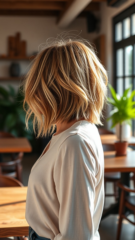 A woman with a tousled asymmetrical bob haircut featuring balayage highlights, viewed from the side.