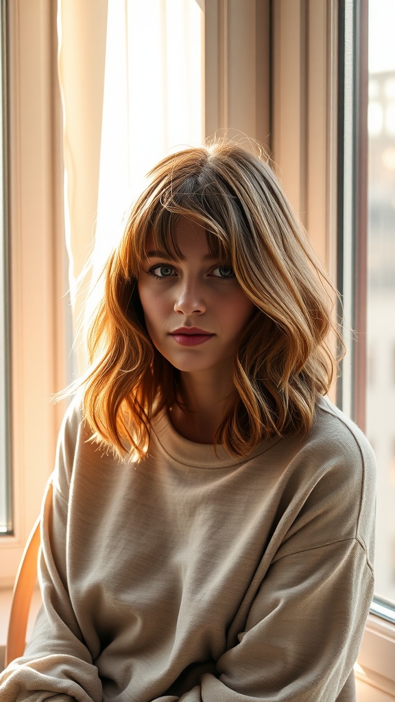 A woman with a tousled bob hairstyle and curtain bangs, sitting by a window with soft lighting.