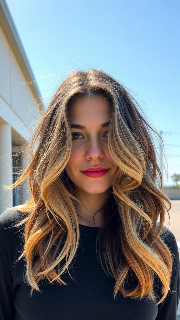 A woman with medium-length, tousled hair featuring ombre highlights, smiling at the camera.