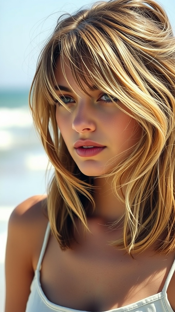 A woman with medium length hair featuring tousled layers and subtle curtain bangs, standing by the beach.