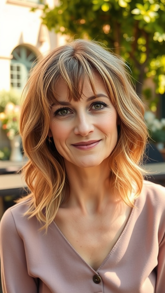 Woman with tousled lob hairstyle and curtain bangs, smiling warmly.