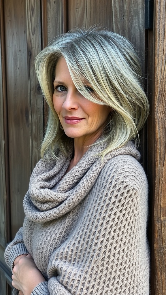 A woman with tousled lob hairstyle, featuring side-swept layers, wearing a cozy sweater, standing against a wooden background.