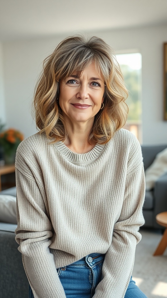 A woman with a tousled lob hairstyle and wispy bangs, wearing a cozy sweater and smiling.