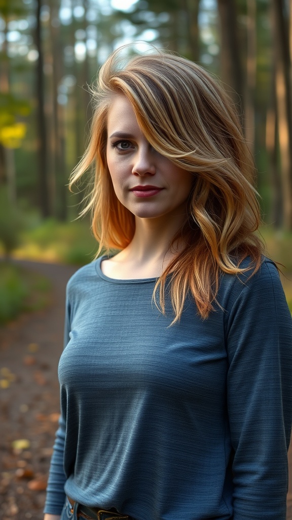 A woman with long tousled hair and a side fringe, standing outdoors in a forest setting.