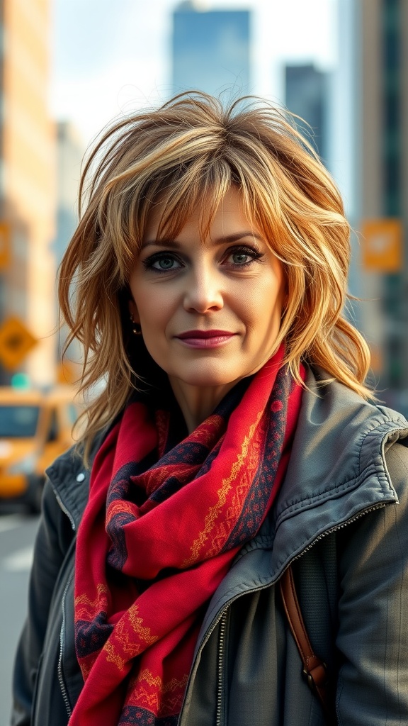 A woman with tousled medium-length hair, wearing a red and navy scarf, looking confidently at the camera in an urban setting.
