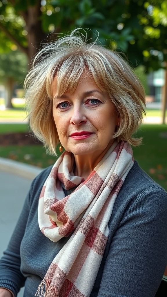 A woman with medium length tousled hair and wispy bangs wearing a scarf, showcasing a stylish midi haircut.