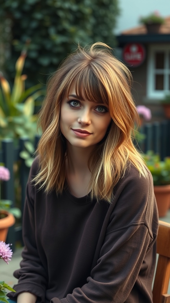 A woman with tousled shag hairstyle and long sideburns, sitting outdoors with plants in the background.