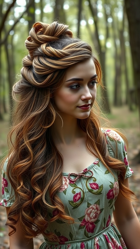 A woman with long, curled hair styled in a twisted crown half-updo, wearing a floral dress in a forest setting.