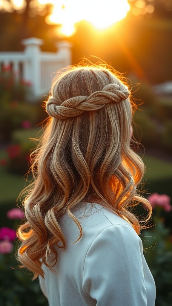 Back of a woman's head with a twisted crown hairstyle and loose waves, illuminated by sunset