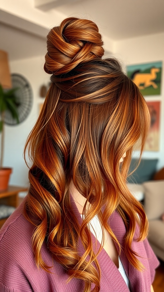 A woman with medium-length hair styled in a twisted half-up bun, showcasing rich, warm hair tones and loose waves.
