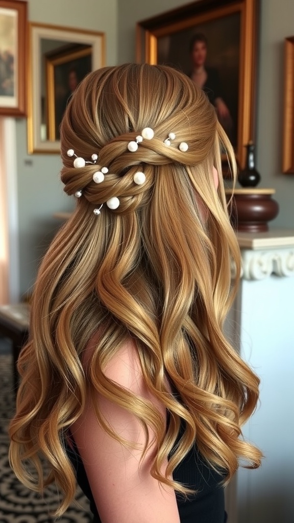 A twisted half-updo hairstyle with accessories, featuring long curled hair and decorative pearls.