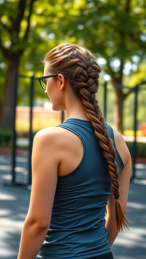 A woman with a twisted rope braid hairstyle, wearing a blue athletic top, standing outdoors.