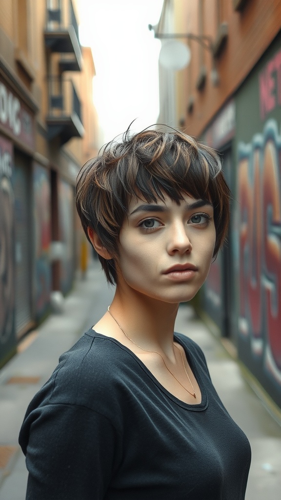 A woman with an ultra-short textured shag haircut in a city alley.