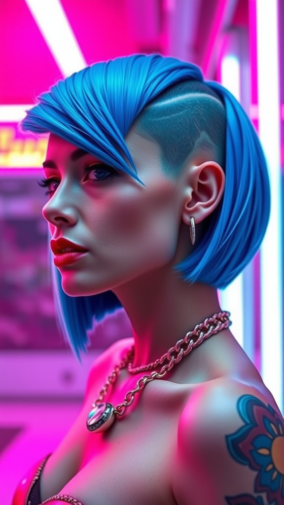 Model with blue hair sporting an undercut asymmetrical bob hairstyle.