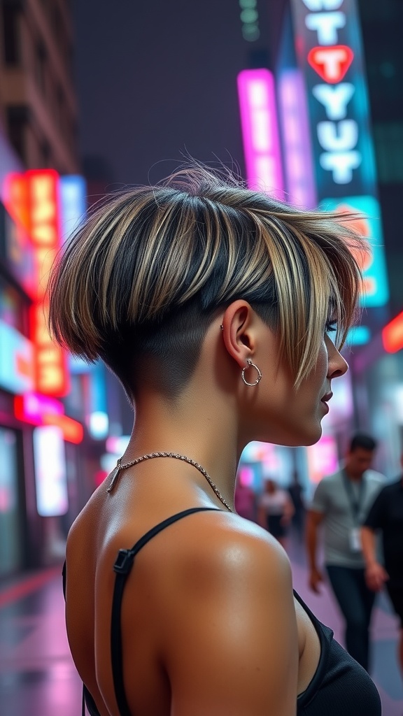 A woman showcasing a stylish undercut bob haircut, with a bold contrast between the shorter back and longer top.