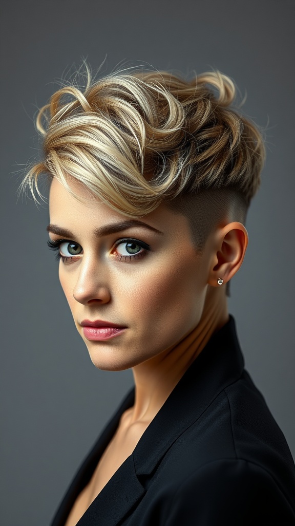 A stylish woman with an undercut pixie haircut, showcasing a modern and edgy look.