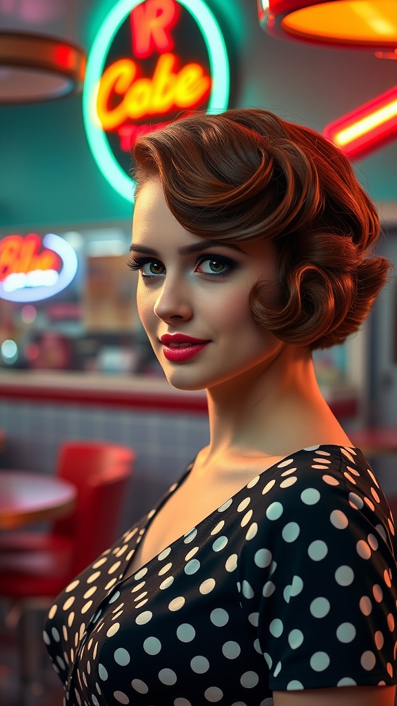 A woman with victory rolls hairstyle, wearing a polka dot dress in a retro diner setting