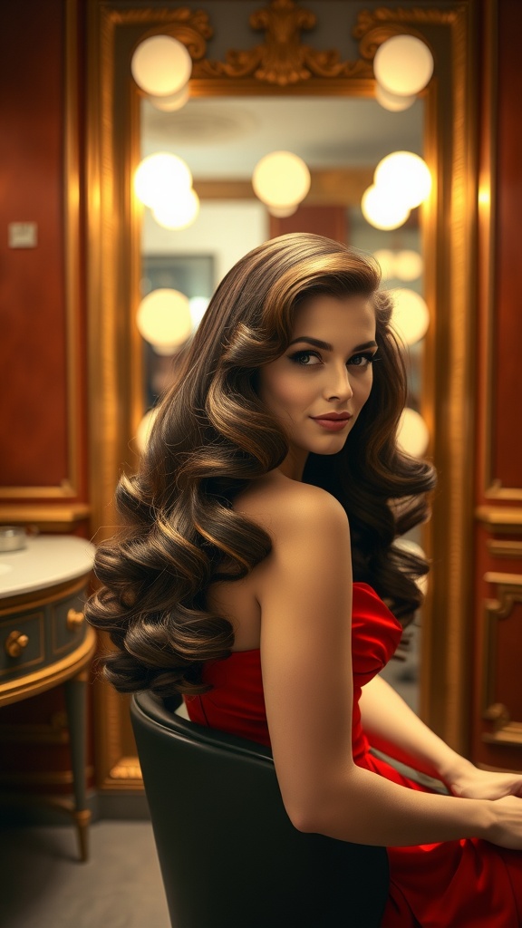 A model with long, flowing hair styled in vintage Hollywood waves, wearing a red dress, sitting in a salon setting with soft lighting.