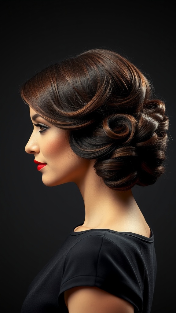A woman with a vintage roll hairstyle and twisted bangs, showcasing elegance and style.