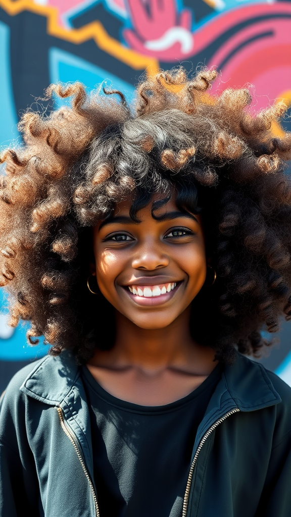 A girl with a voluminous afro hairstyle and full bangs, smiling in front of a colorful background.