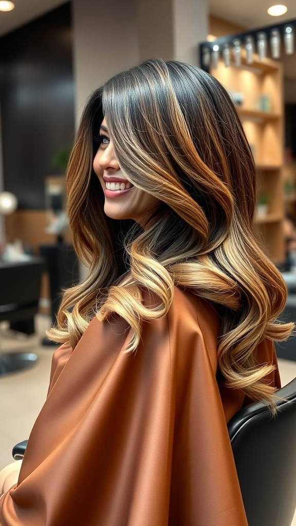 A woman with long, voluminous hair styled in soft curls, smiling while seated in a salon.