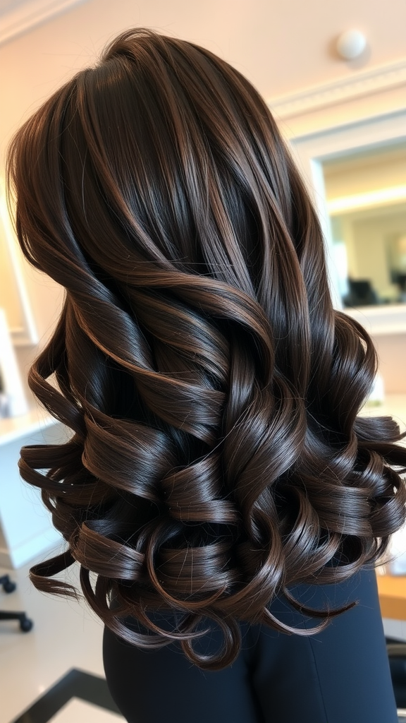A woman with medium-length hair styled in a voluminous blowout with glossy, bouncy curls