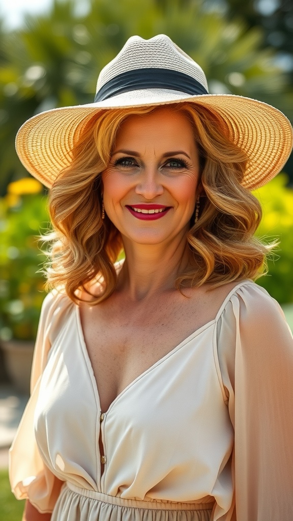 A woman with voluminous curls wearing a wide-brimmed hat, smiling outdoors.