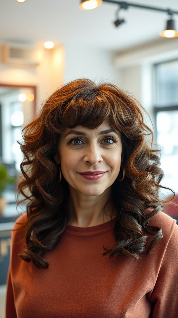 A woman with voluminous curls and curtain bangs, showcasing a warm hair tone and a confident smile.