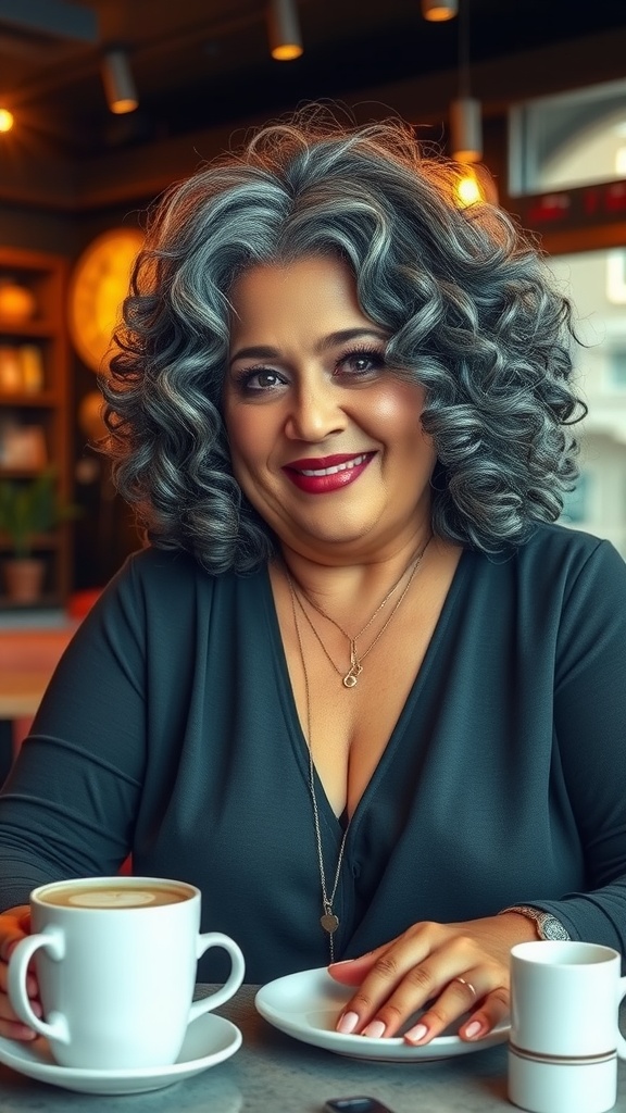 A woman with a voluminous curly bob hairstyle, enjoying a coffee.