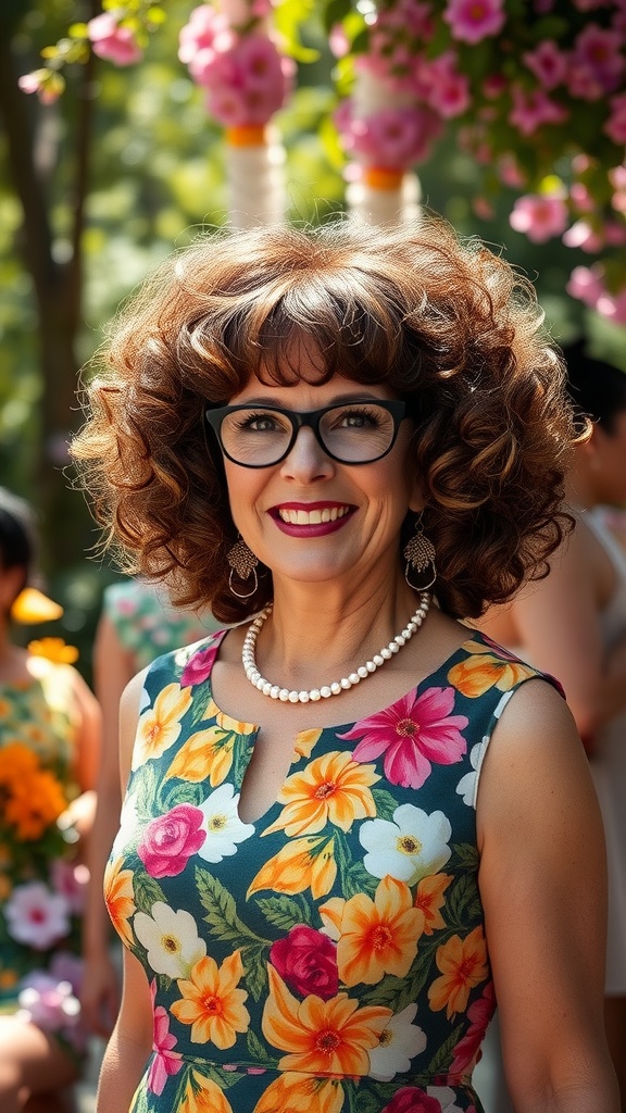 A woman with voluminous curly hair and full bangs, smiling, wearing a floral dress and pearl necklace