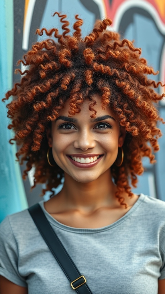 A woman with voluminous curly shag hairstyle, smiling against a colorful background
