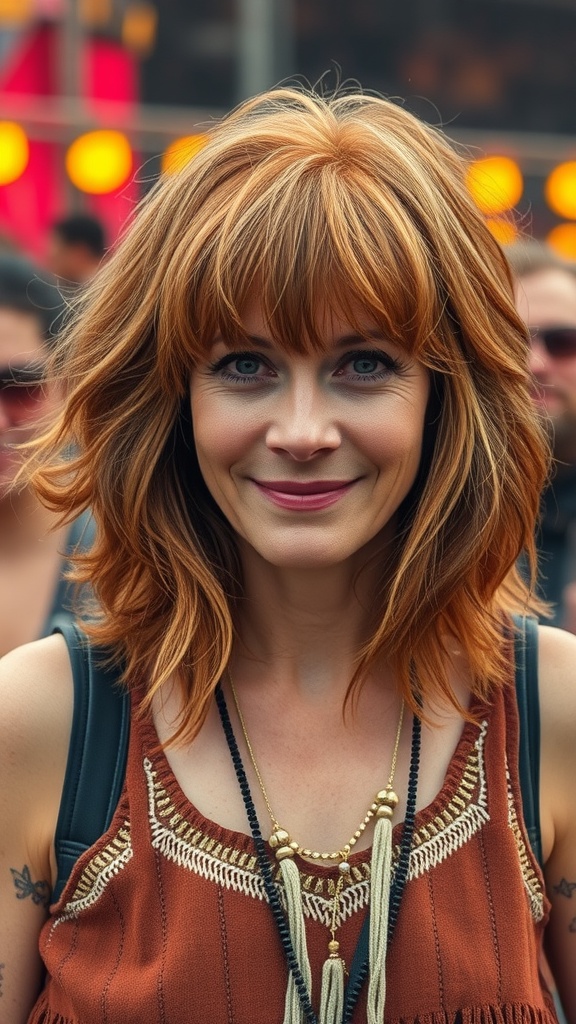 Woman with voluminous layered shag haircut and fringed bangs, smiling in a casual setting.
