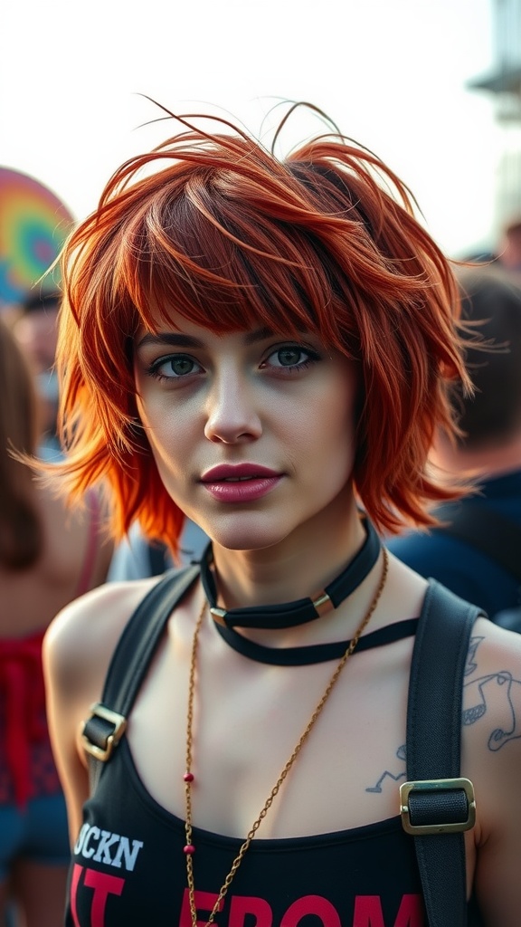 A woman with voluminous shaggy short hair and a shaggy fringe, wearing a black tank top with straps.