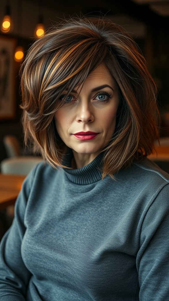 A woman with voluminous shag haircut and side part, wearing a grey sweater, with highlighted hair and a confident expression.