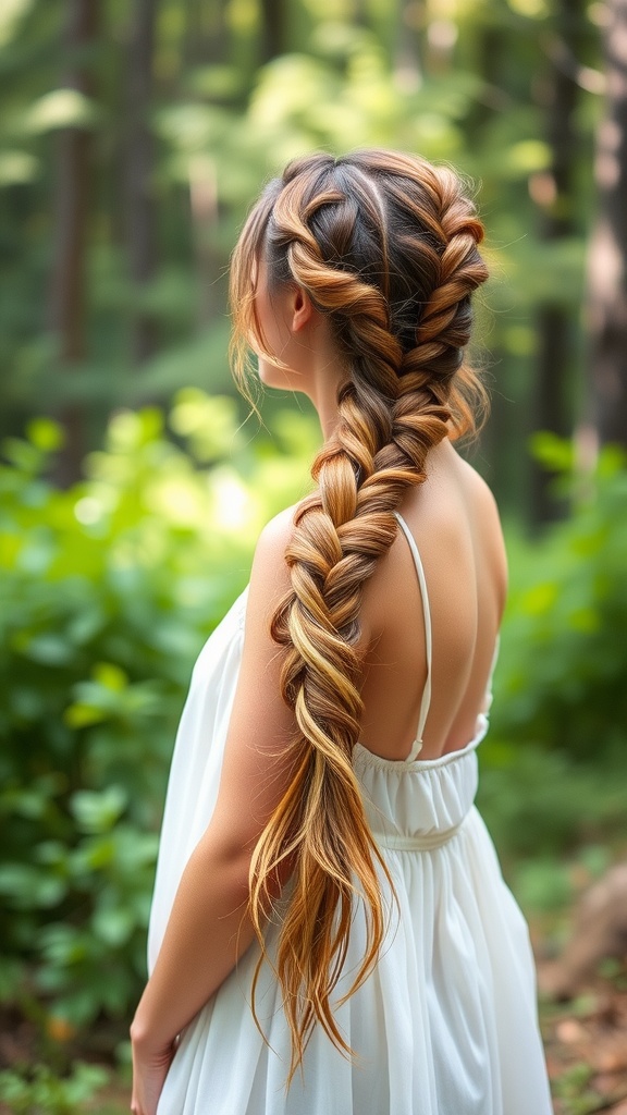 An elegant waterfall braid hairstyle on a woman with long hair, set in a lush green background.