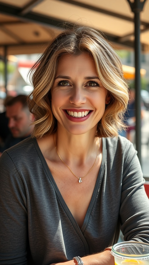 A woman with a wavy bob haircut and side bangs, smiling happily in a casual outdoor setting.