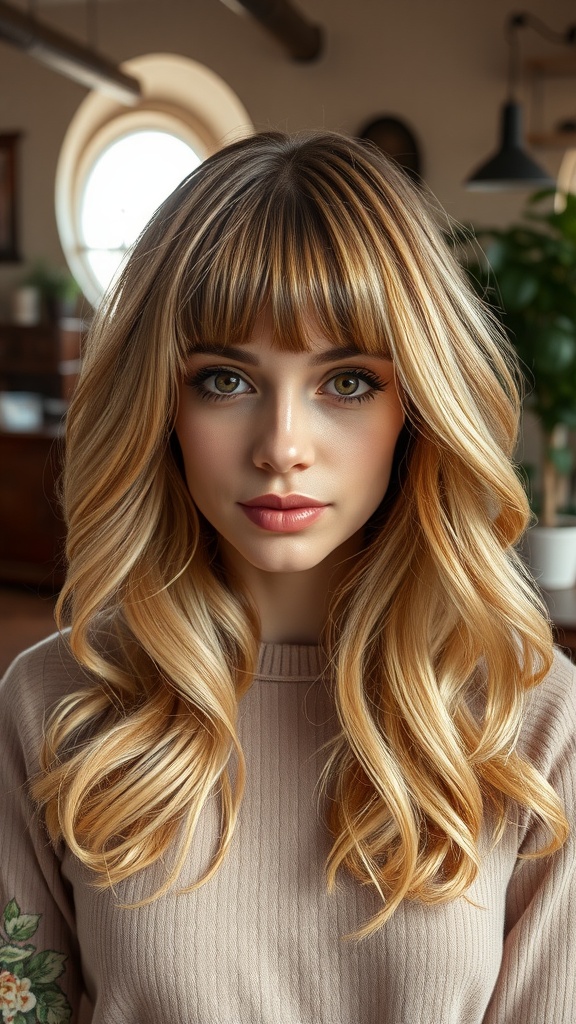 A woman with wavy curtain bangs and medium-length hair, showcasing a stylish and casual look.