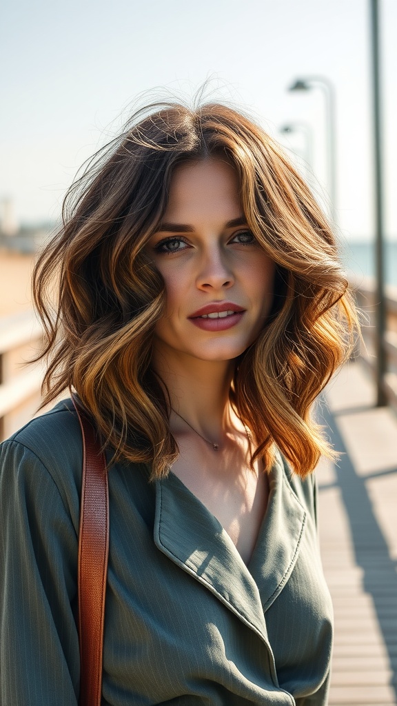 A woman with a wavy layered bob hairstyle, showcasing soft waves and warm hair tones.