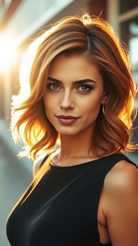 A woman with medium-length wavy hair styled in layers and a deep side part, illuminated by warm sunlight.