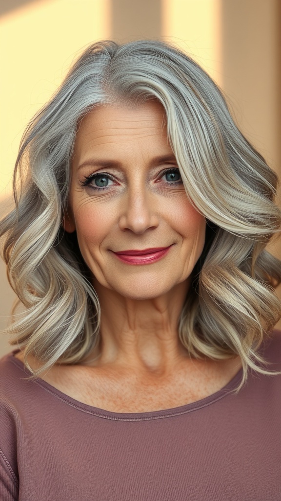 A woman over 70 with a wavy lob hairstyle and soft highlights, smiling warmly.