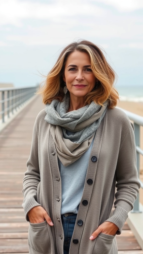 A woman with medium-length wavy hair styled in a wavy lob with subtle ombre, wearing a cozy cardigan and a scarf, standing on a wooden walkway by the beach.