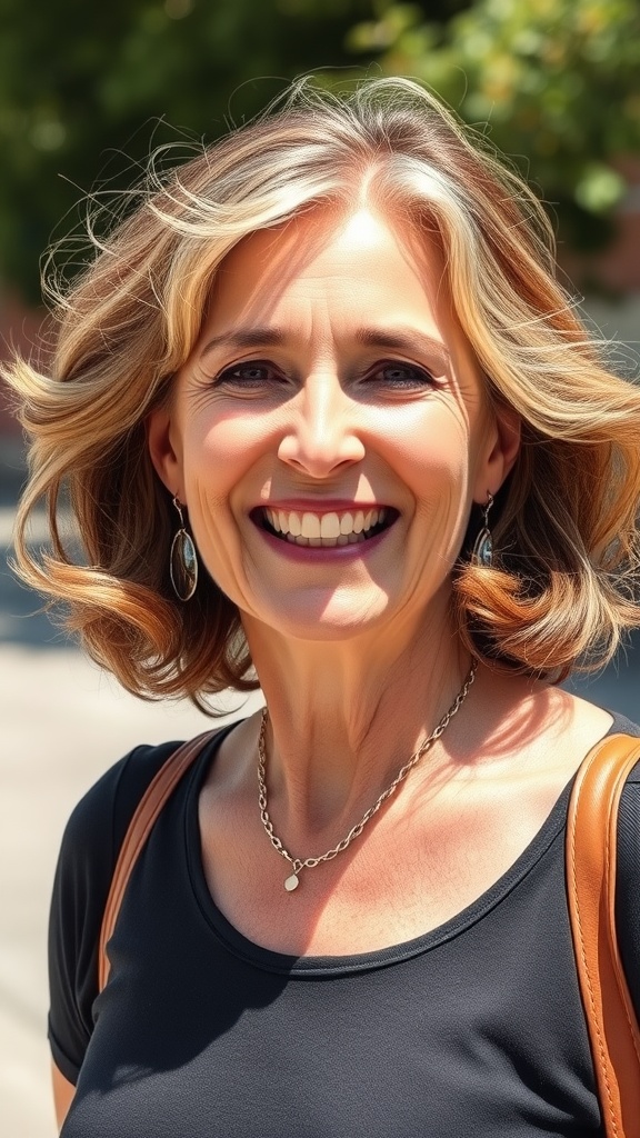 A woman with wavy mid-length hair and face-framing layers, smiling brightly