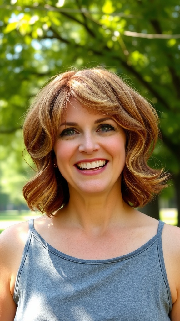 A woman with wavy pixie haircut and side bangs, wearing a black top and a red scarf, standing outdoors among green trees.